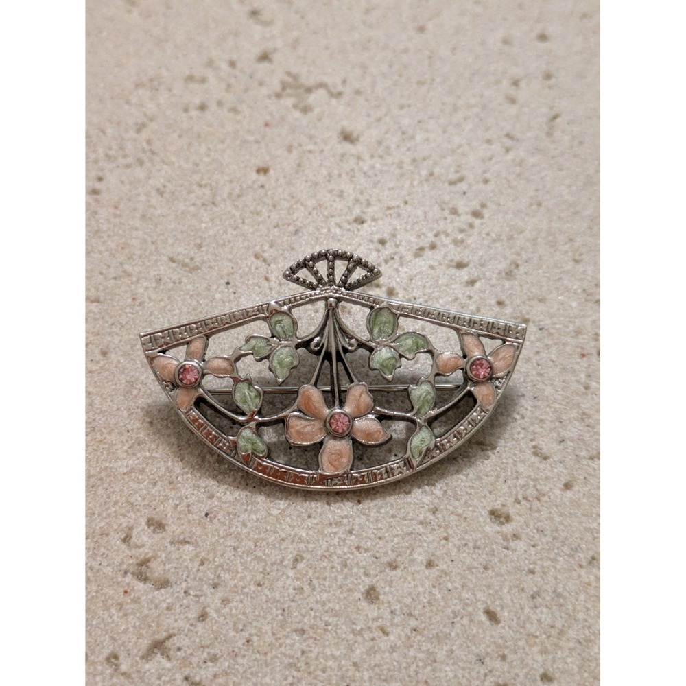 Art Nouveau Style Fan Brooch Repousse‎ Pastel Enamel Flowers Cabochon Vintage